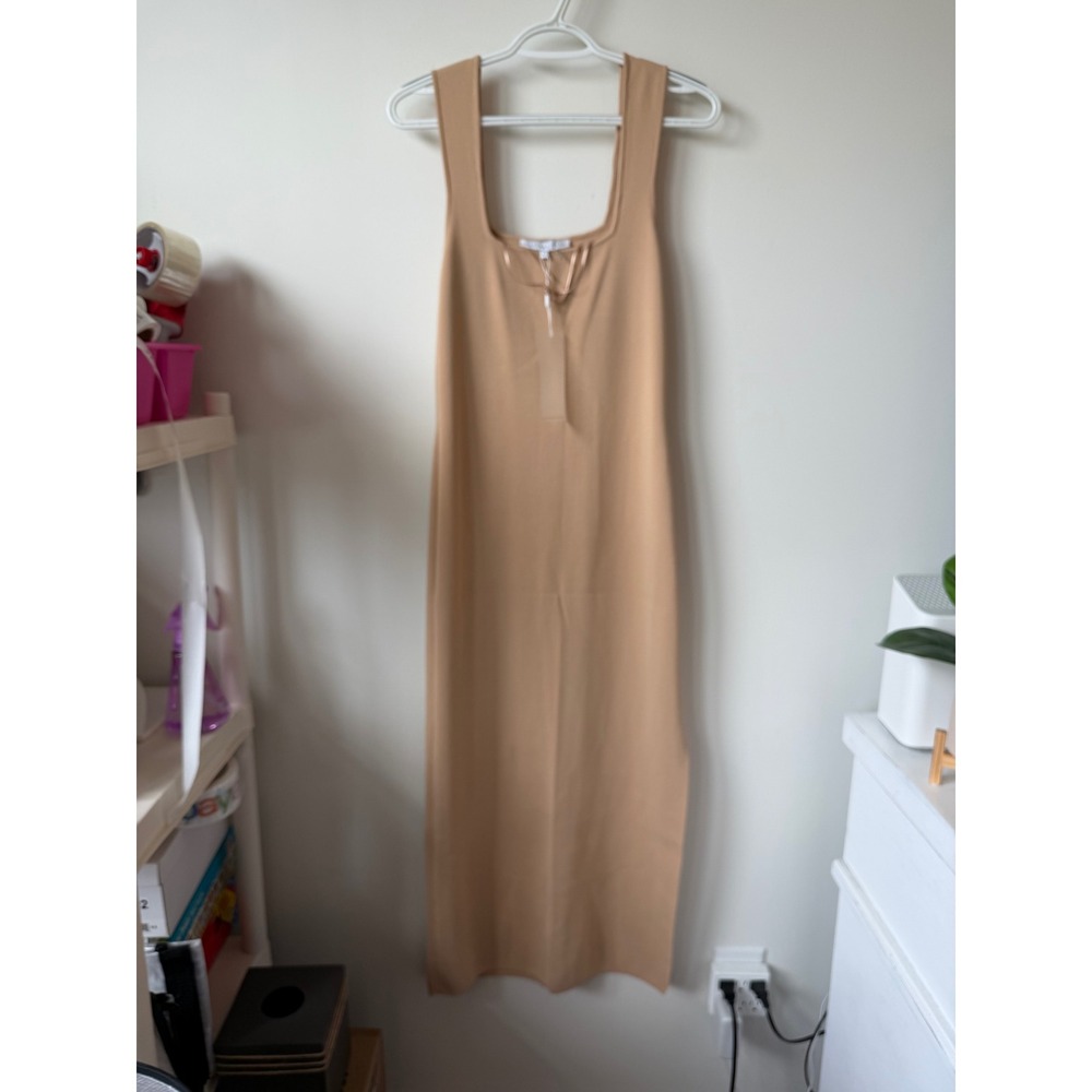 Endless Rose Tan Ribbed Knit Square Neck Sleeveless Midi Dress Large NWT